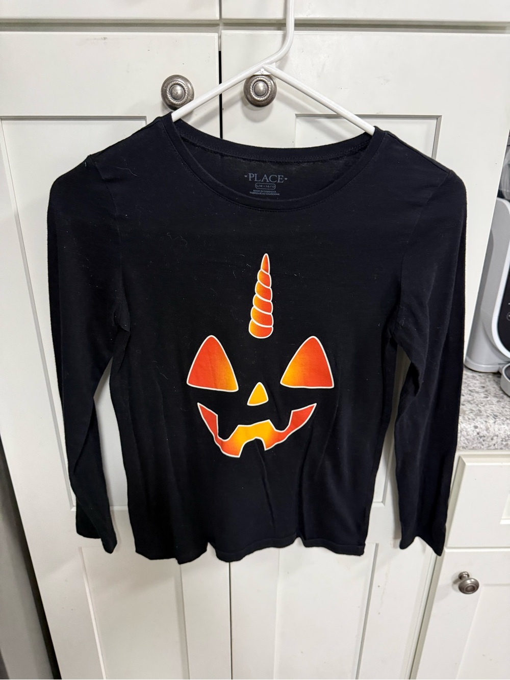 Place Black Long-Sleeve Top with Orange Gradient Unicorn-Pumpkin Graphic